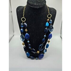 Handmade Long Blue Beaded Necklace With Gold Accents Gemstone-Inspired Design St